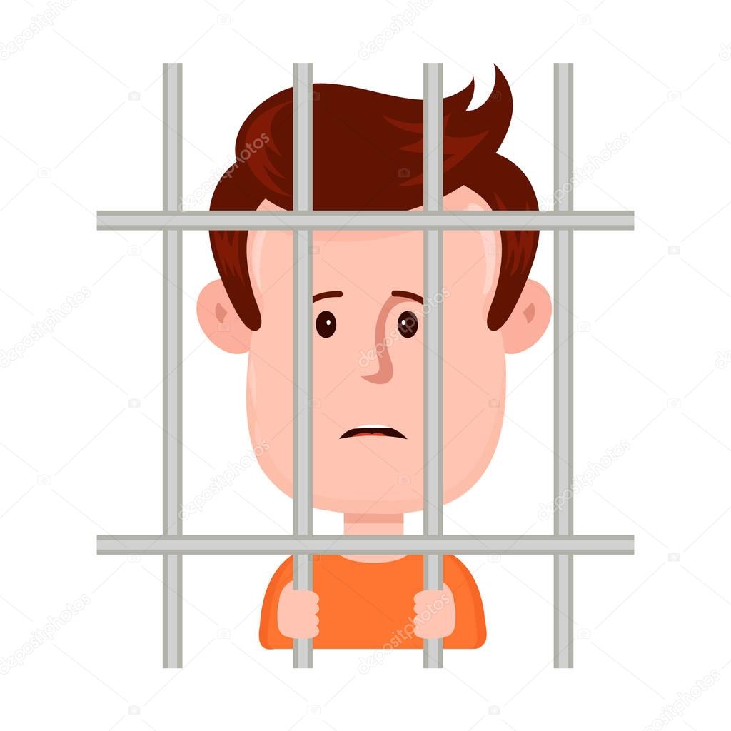 Young sad man prisoner behind bars, 