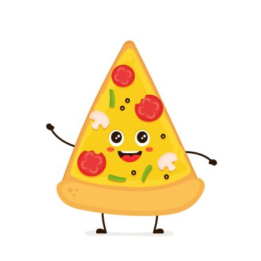 Sevimli gülümseyen komik şirin pizza dilimi. Vektör 