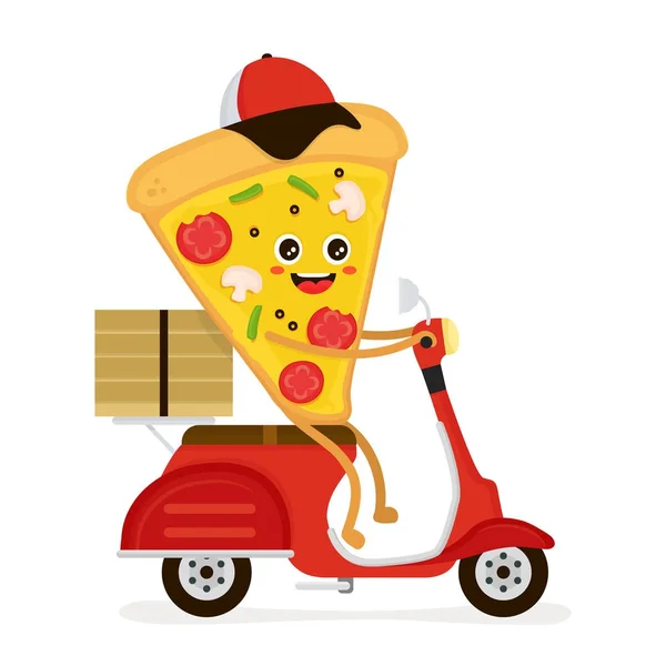 Cute smiling funny cute pizza slice  rides — Stock Vector