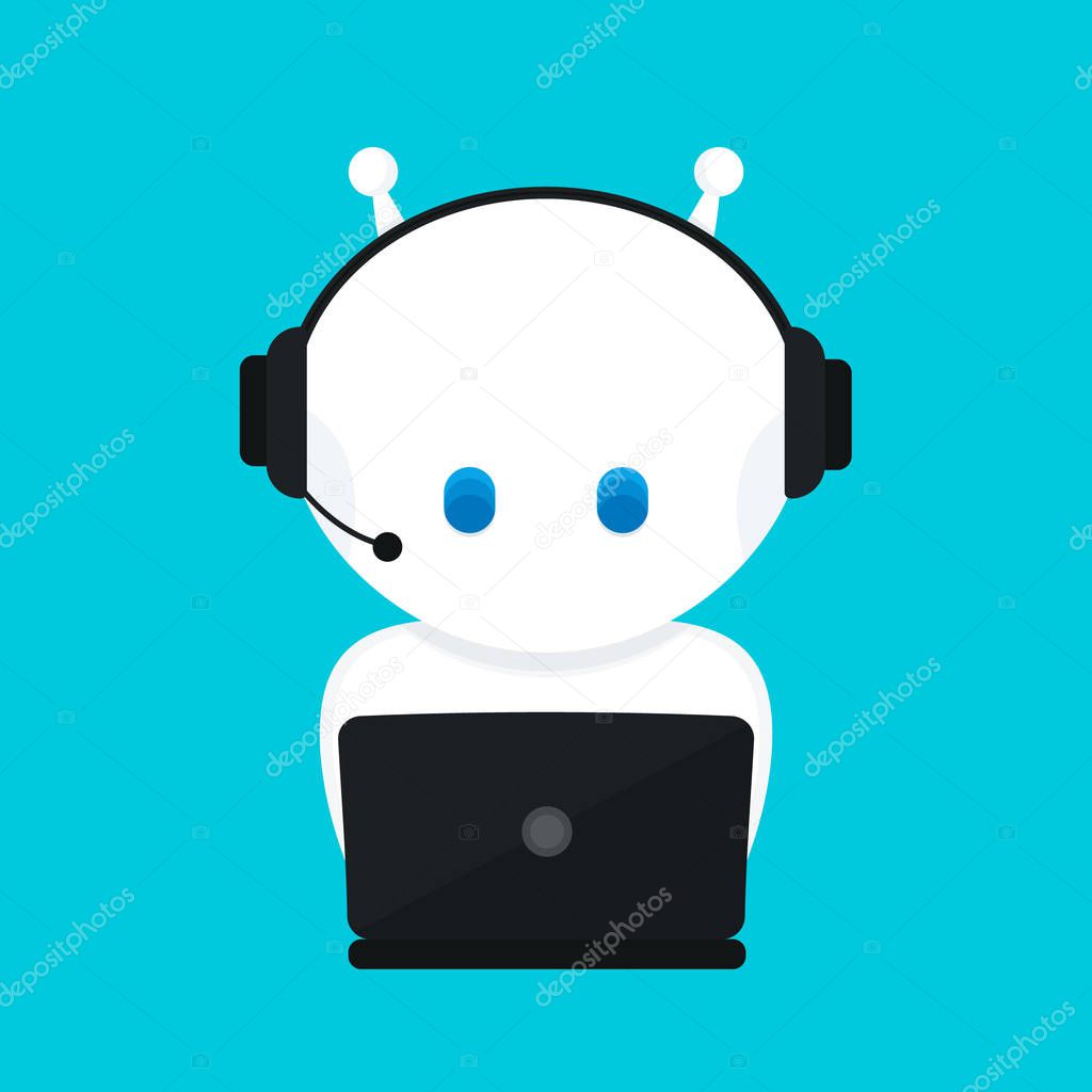 Cute funny white robot,chat bot .Vector modern flat cartoon character illustration.Isolated on blue background.Voice support service chat bot,virtual online help customer support