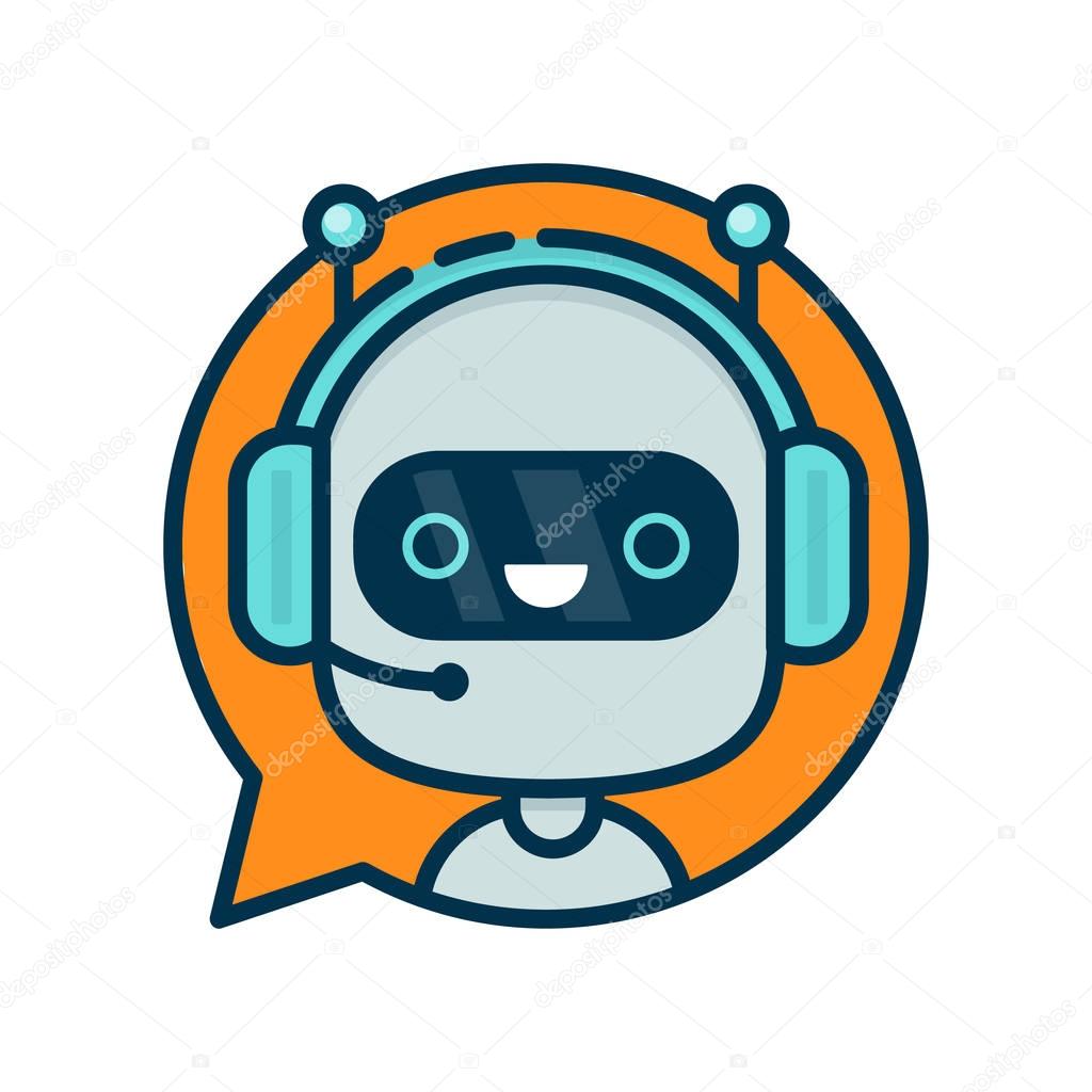 Cute smiling funny robot chat bot in speech bubble. Vector modern flat cartoon character illustration.Isolated on white background.Voice support service chat bot,virtual online help customer support