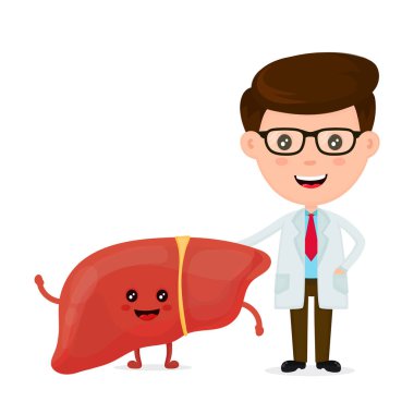 Şirin komik doktor ve sağlıklı mutlu karaciğer gülümseyen