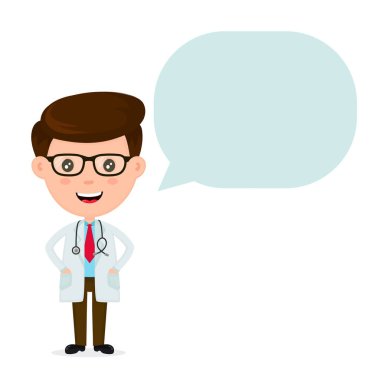 Kabarcık konuşma ile şirin komik gülümseyen doktor