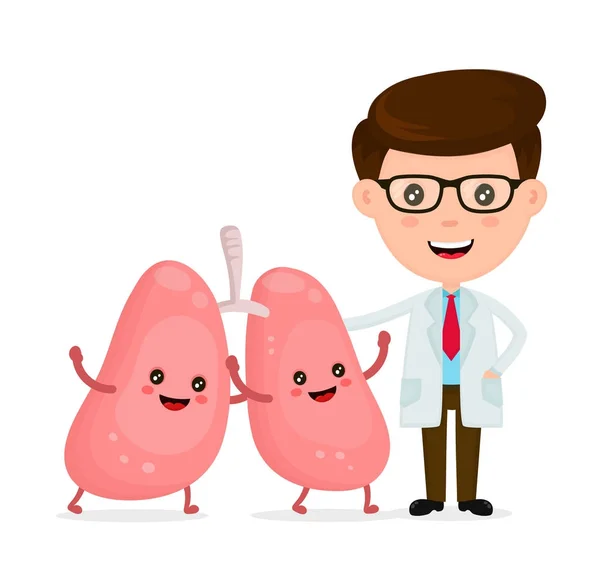 Lindo médico sonriente divertido y pulmones felices saludables — Vector de stock