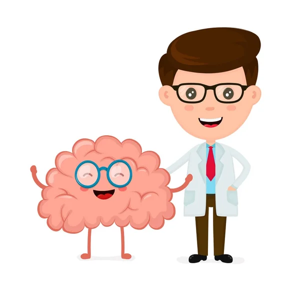 Lindo médico sonriente divertido y cerebro feliz saludable — Vector de stock