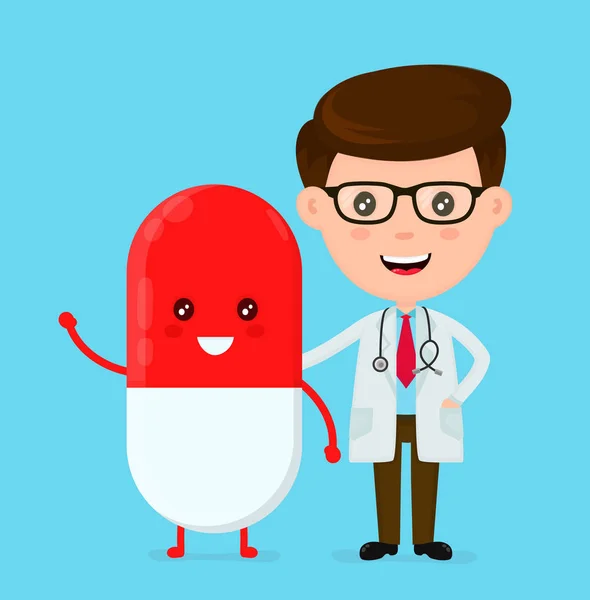 Lindo médico sonriente divertido y píldora feliz — Vector de stock