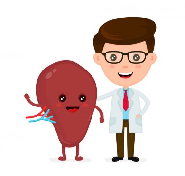 Şirin komik doktor ve sağlıklı mutlu dalak gülümseyen