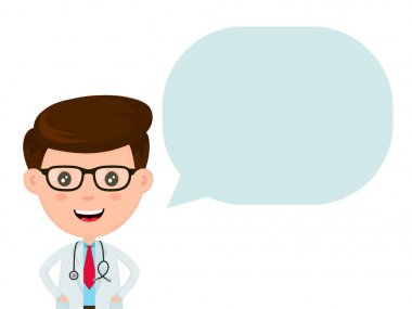 Kabarcık konuşma ile şirin komik gülümseyen doktor