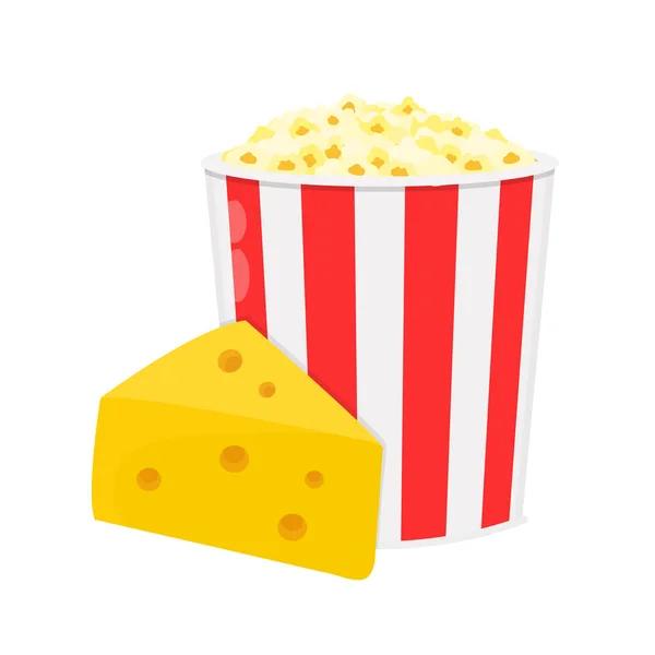 Cubo de palomitas de maíz con queso. Vector plano — Vector de stock