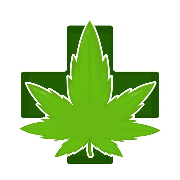 Marijuana weed green leaf in pharmacy cross — Stock Vector