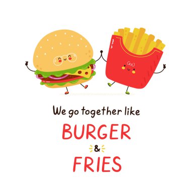 Sevimli, mutlu, gülümseyen burger ve patates kızartması.