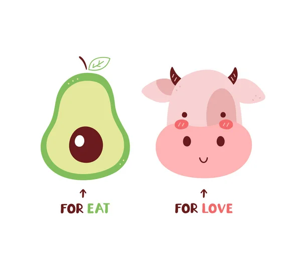 Avocado for eat,cow for love — ストックベクタ