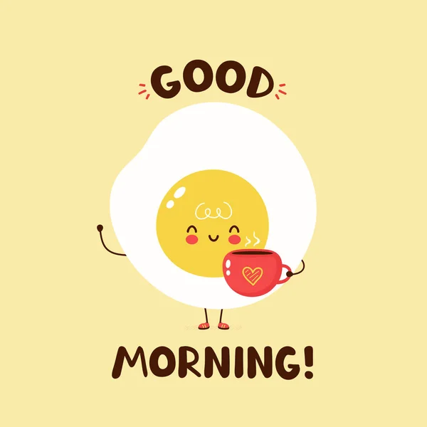Cute happy fried egg hold coffee cup — Stock Vector
