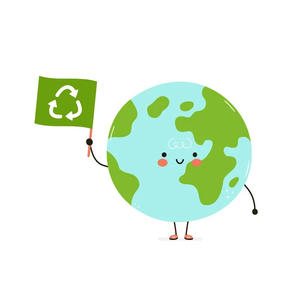 Cute happy Earth planet with recycling flag — ストックベクタ