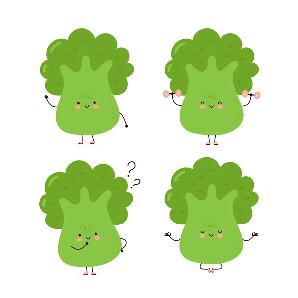 Lindo juego de caracteres de brócoli feliz colección — Vector de stock