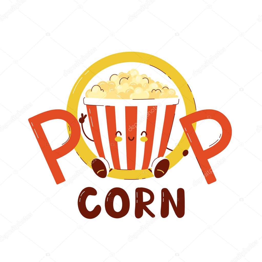 Cute happy popcorn bucket logo. Isolated on white background. Vector cartoon character illustration card design,simple flat style. Popcorn,fast food logo template concept