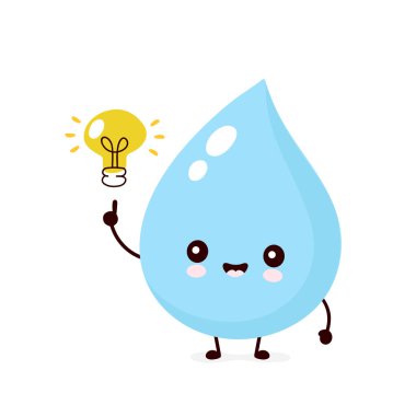 Cute smiling happy water drop with light bulb