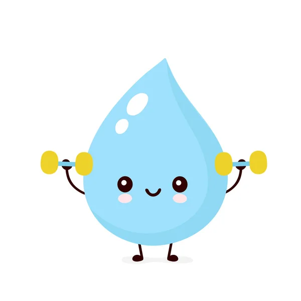 Lindo sonriente gota de agua feliz con dumbbels — Vector de stock