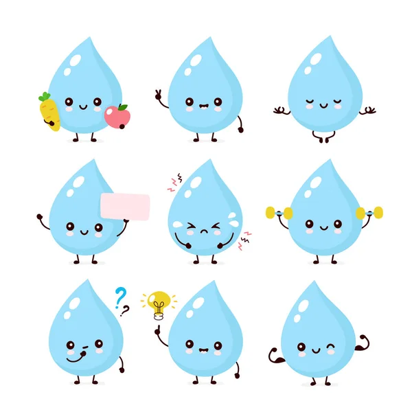 Cute smiling happy water drop set collection — Stock vektor