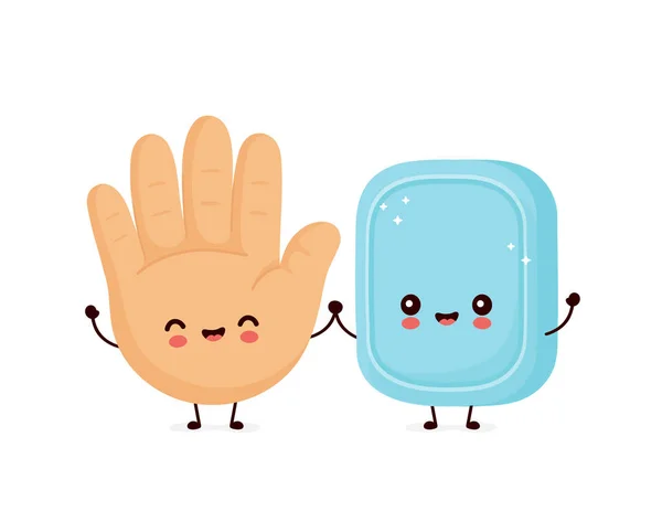 Aranyos mosolygós boldog emberi kéz és szappan — Stock Vector