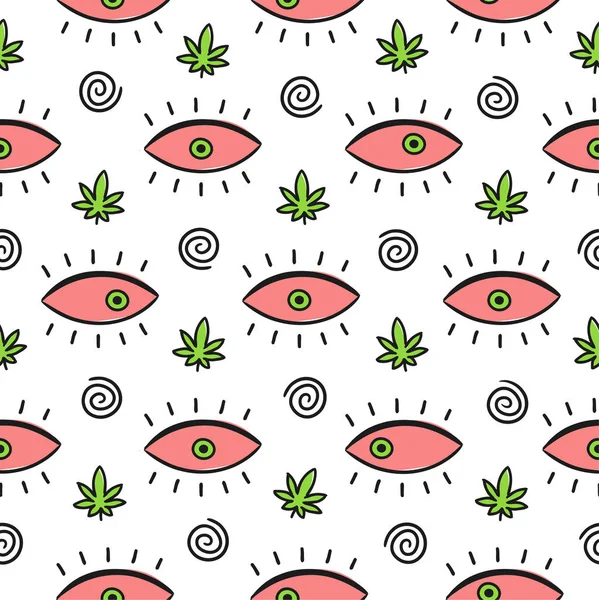 Ojos rojos, espiral, marihuana hierba patrón sin costura — Vector de stock