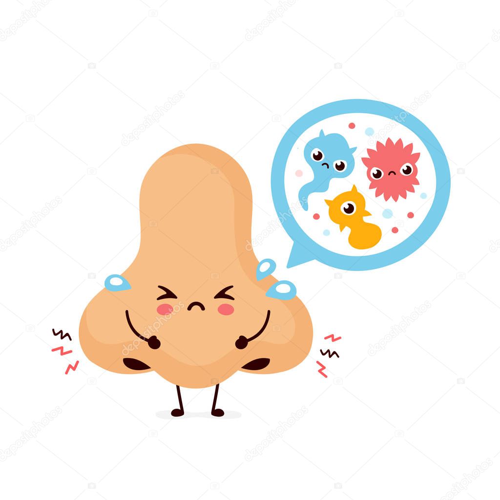Cute sad nose with bacterias. Vector 