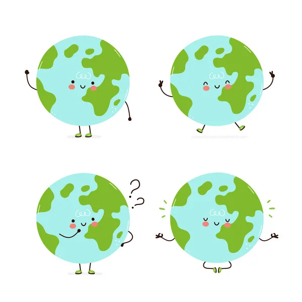 Mignon jeu de caractères planète Terre heureux — Image vectorielle