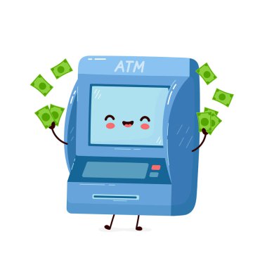 Şirin gülümseyen mutlu para dolu bir ATM.