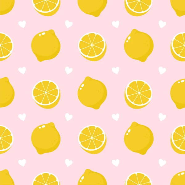 Niedliche Zitronenfrüchte und Herzen nahtlose Muster — Stockvektor