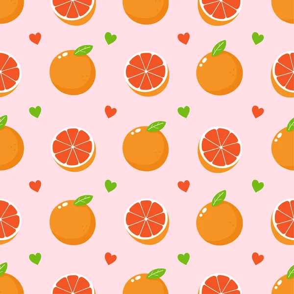 Niedliche Grapefruitfrucht und Herzen nahtlose Muster — Stockvektor