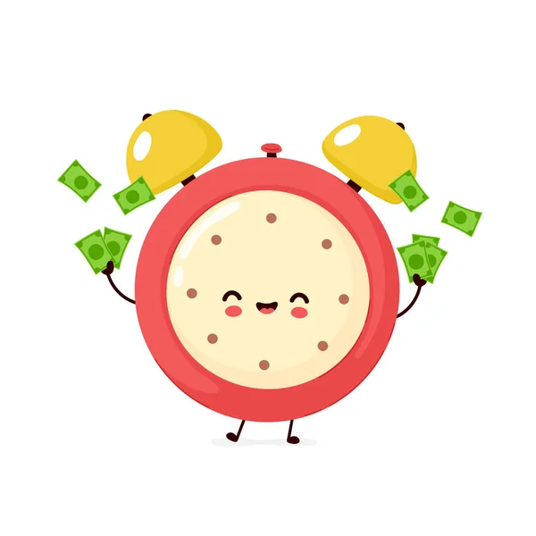 Lindo sonriente reloj de tiempo de alarma feliz con dinero — Archivo Imágenes Vectoriales