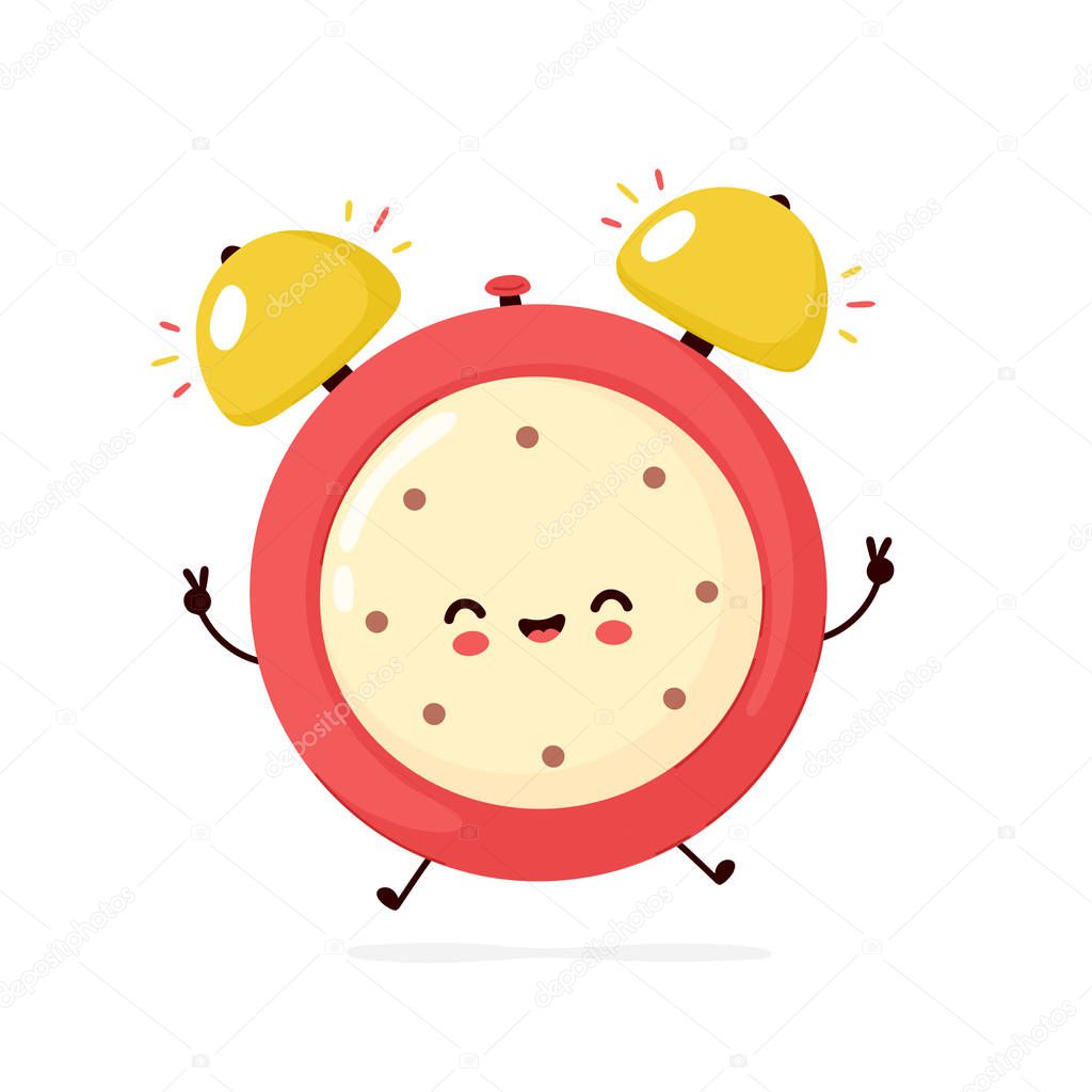 Cute smiling happy alarm time clock. Vector flat cartoon character illustration icon design.Isolated on white background. Alarm time clock character concept