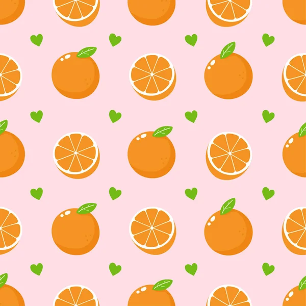 Niedliche orangefarbene Früchte und Herzen nahtlose Muster — Stockvektor