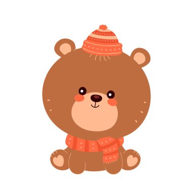 Şallı ve şapkalı sevimli, mutlu, gülümseyen bebek ayı.