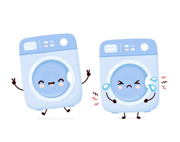 Bonito feliz e triste quebrado máquina de lavar roupa —  Vetores de Stock