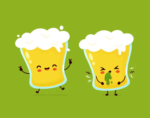 Cute szczęśliwy uśmiech i smutne wymiociny szklanki piwa — Wektor stockowy