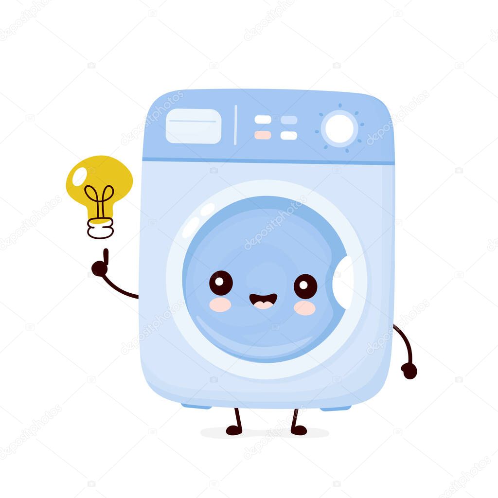 Cute happy washing machine with idea light bulb