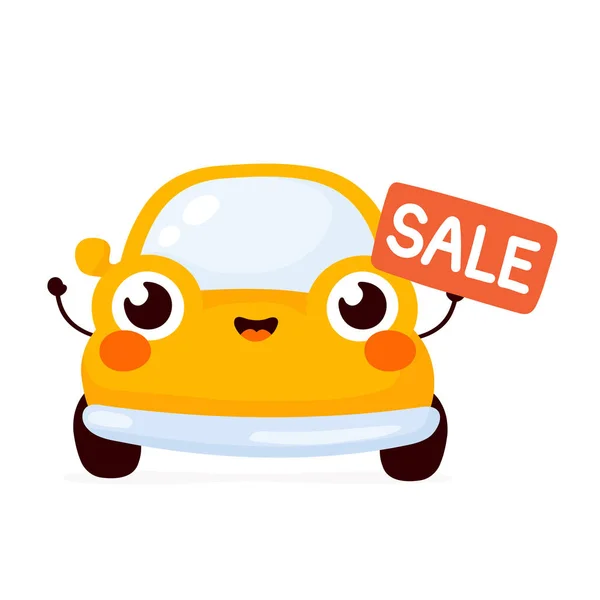 Cute happy yellow automobile car with sale sign — Stock Vector