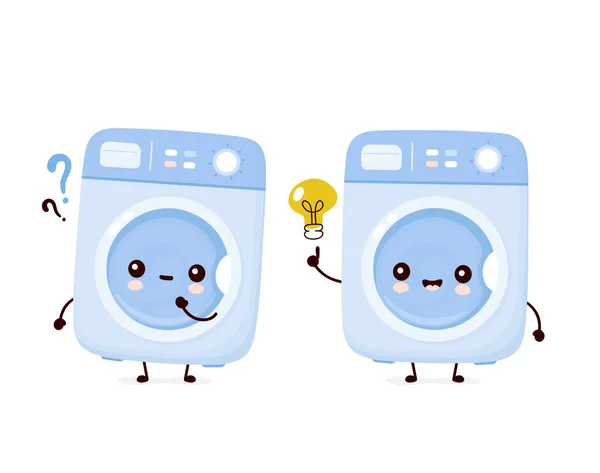 Söt glad tvättmaskin med frågetecken och idé glödlampa. Vektor platt tecknad karaktär illustration ikonen design.Isolerad på vit bakgrund. Begreppet tvättmaskin — Stock vektor
