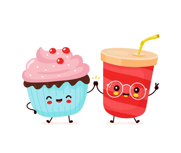 Cute happy soda water and cupcake couple — 스톡 벡터