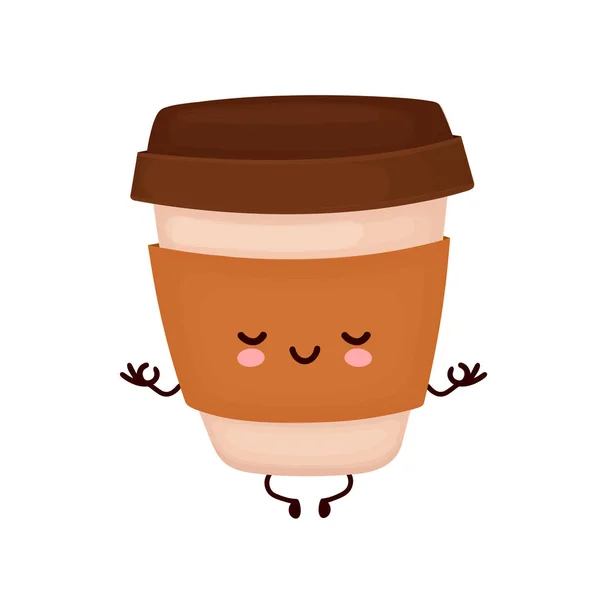 Sevimli mutlu kahve fincanı meditasyon yapıyor. — Stok Vektör