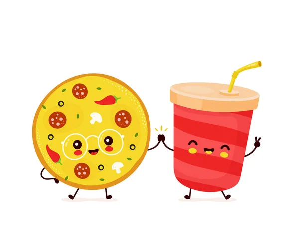 Linda taza de refresco sonriente feliz y pizza — Vector de stock