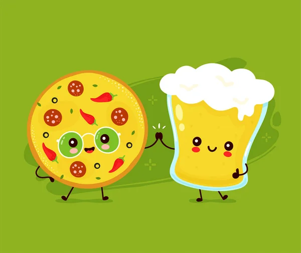 Roztomilé šťastné usmívající se sklenice piva a pizzy — Stockový vektor