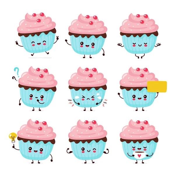 Niedlich glücklich lächelnd Cupcake Set Sammlung — Stockvektor