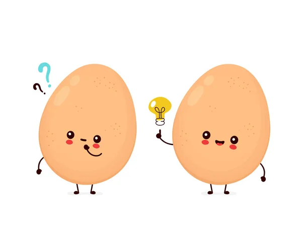 Cute happy chicken egg with question and lightbulb — Stock Vector