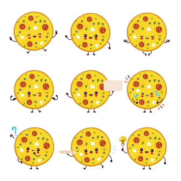 Gülümseyen şirin pizza seti koleksiyonu. — Stok Vektör