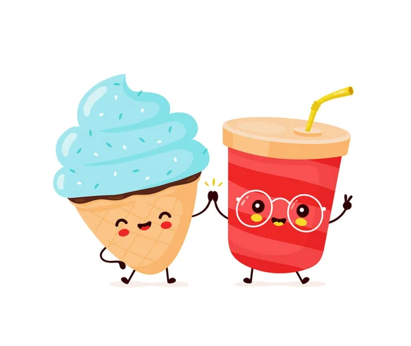 Mignon heureux sourire cône de crème glacée et tasse de soda — Image vectorielle