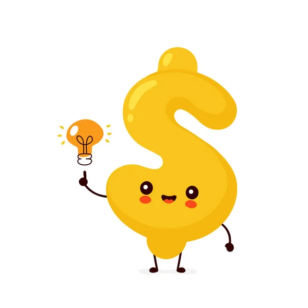 Lindo signo de dólar feliz carácter con bombilla — Vector de stock