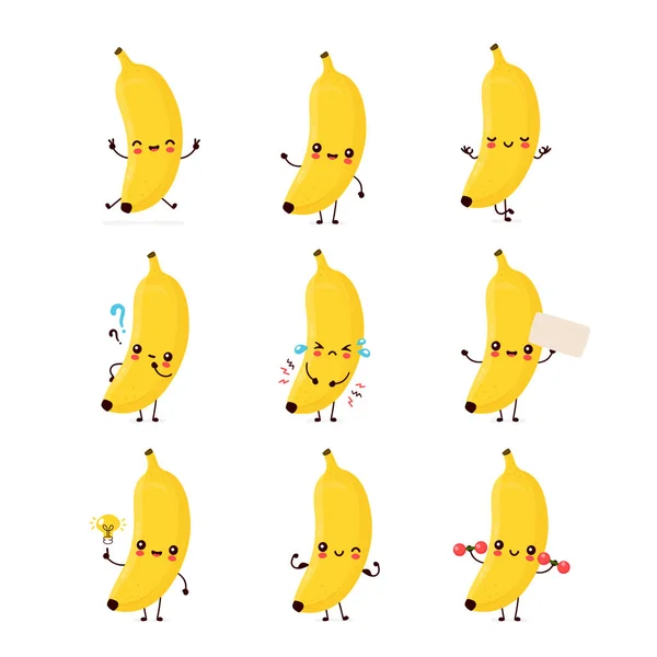 Carino felice sorridente banana raccolta set di frutta — Vettoriale Stock
