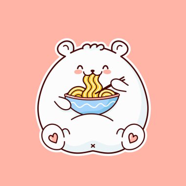 Sevimli, neşeli beyaz ayı erişte yiyor. 